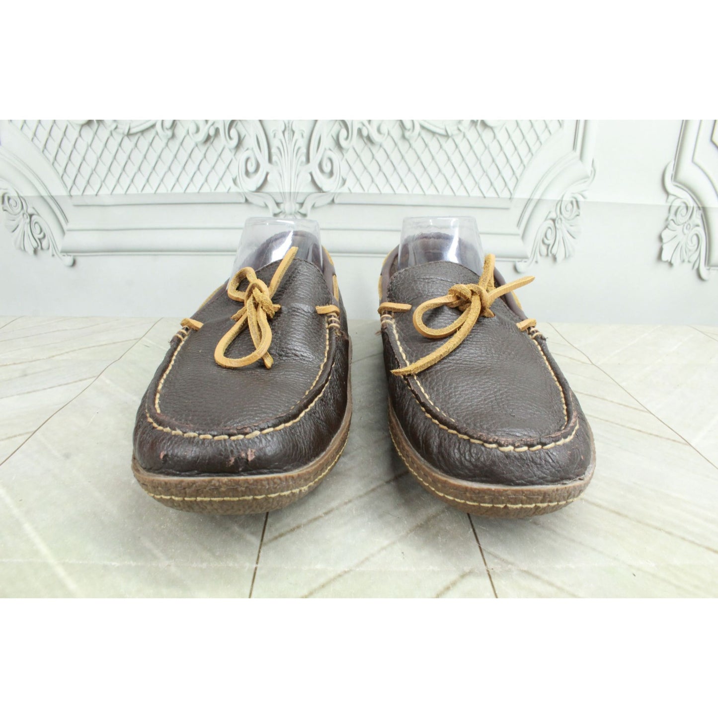 LL Bean Men's Brown Leather Flannel Lined Handsewn Moccasin Boat Shoes Size 10 M