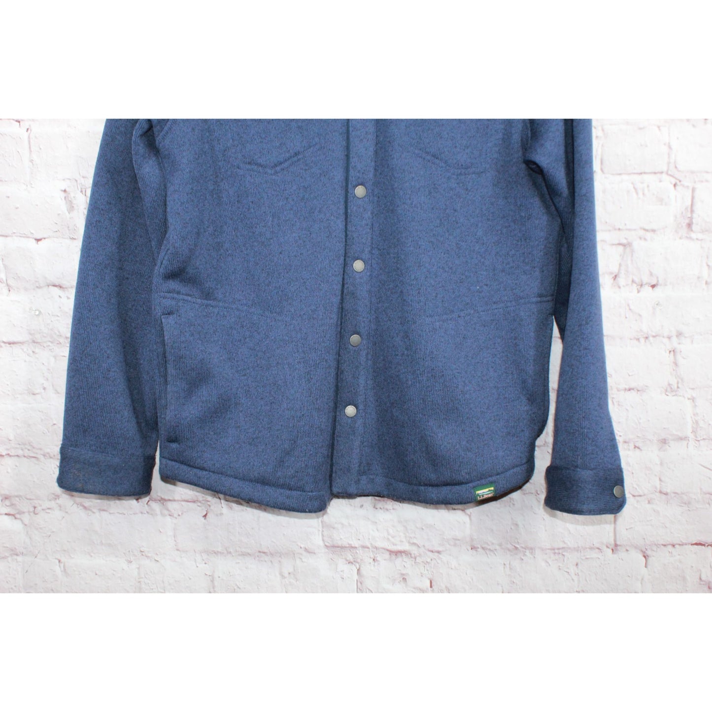 LL Bean Mens Beans Sweater Fleece Shirt Jacket Snap Placket Polyester Blue Large