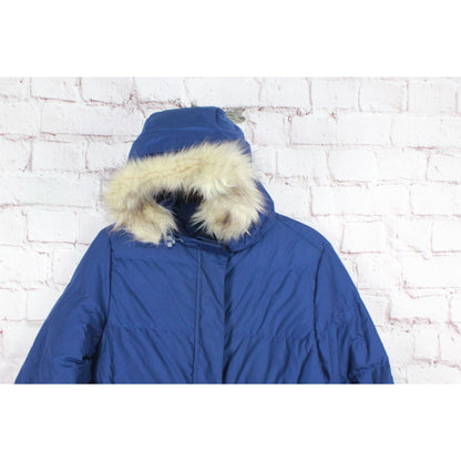 LL Bean Women's Ultrawarm Down Hooded Jacket Faux Fur Trim Quilted Blue Size M