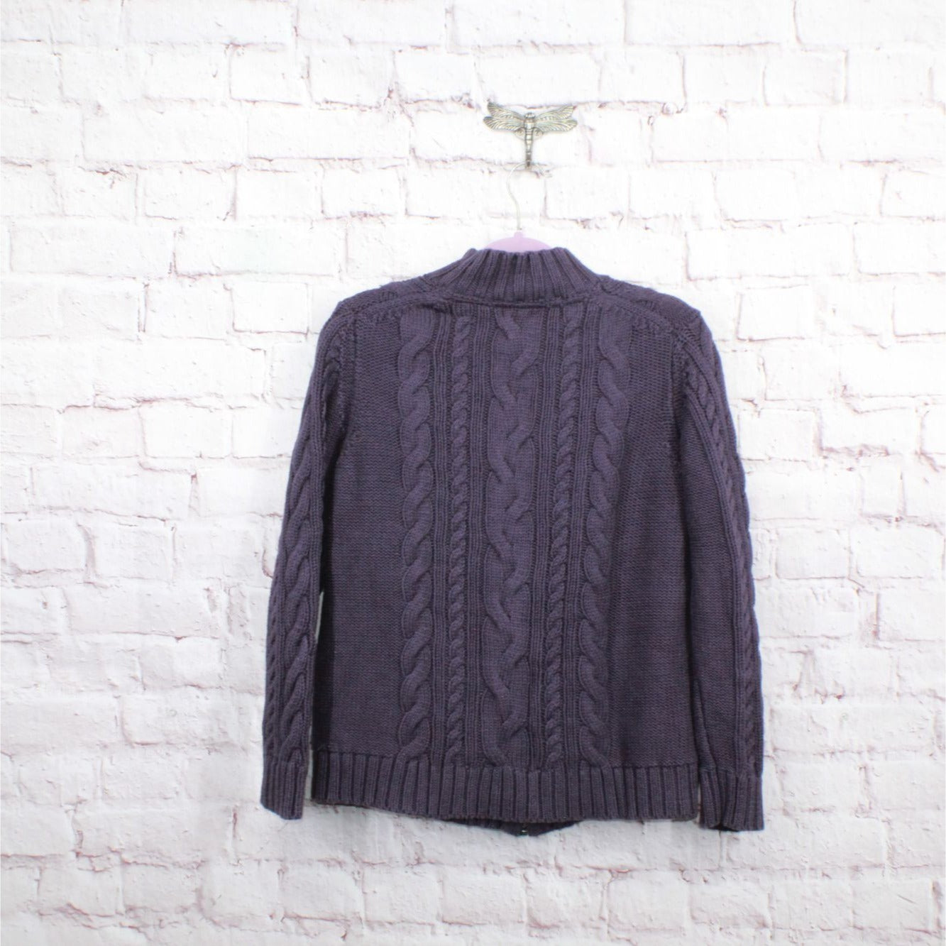 LL Bean Women's Double L Cable Sweater Zip Cardigan Cotton Dark Purple XL