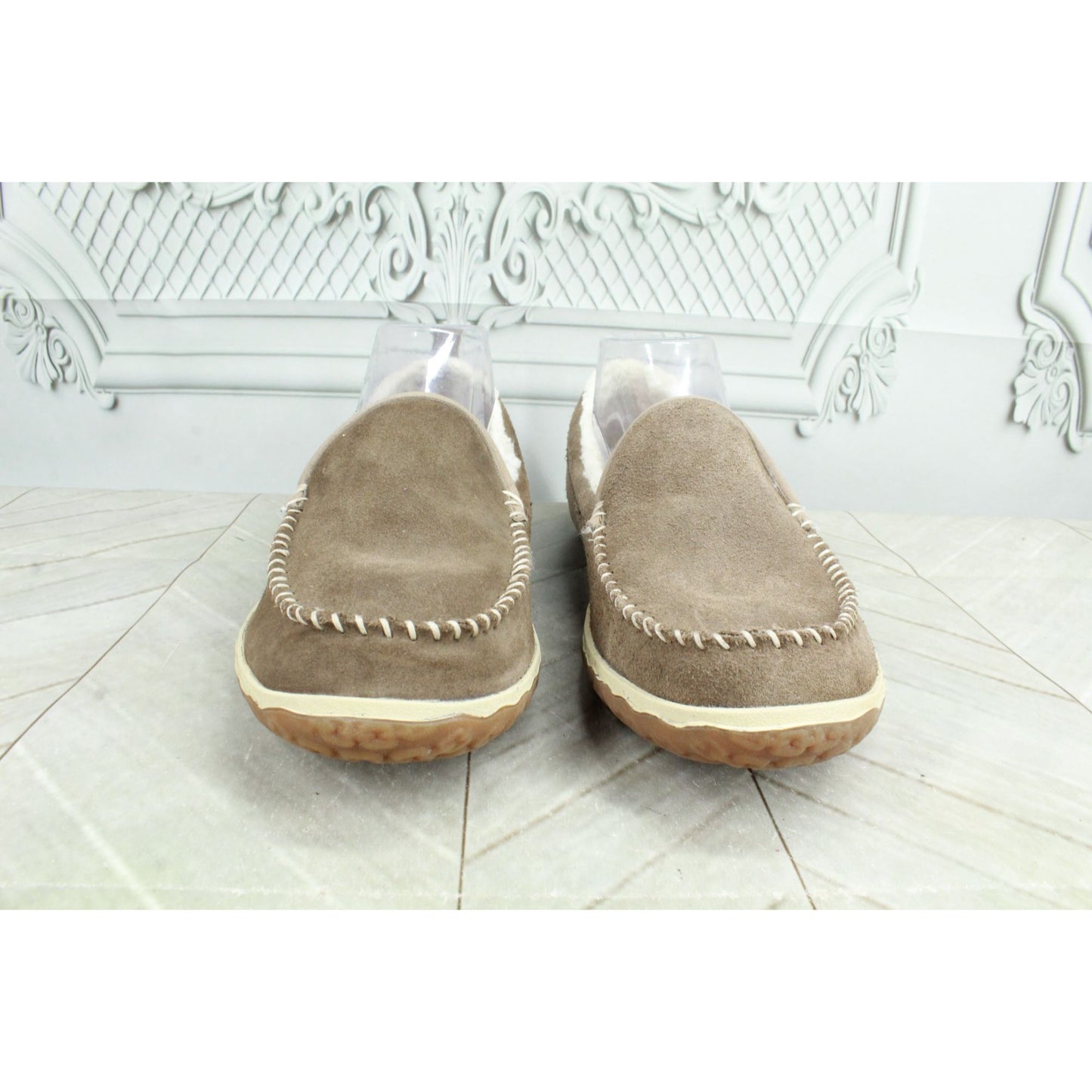 LL Bean Women's Gray Suede Fleece Lined Mountain Moccasin Slippers Size 9 M