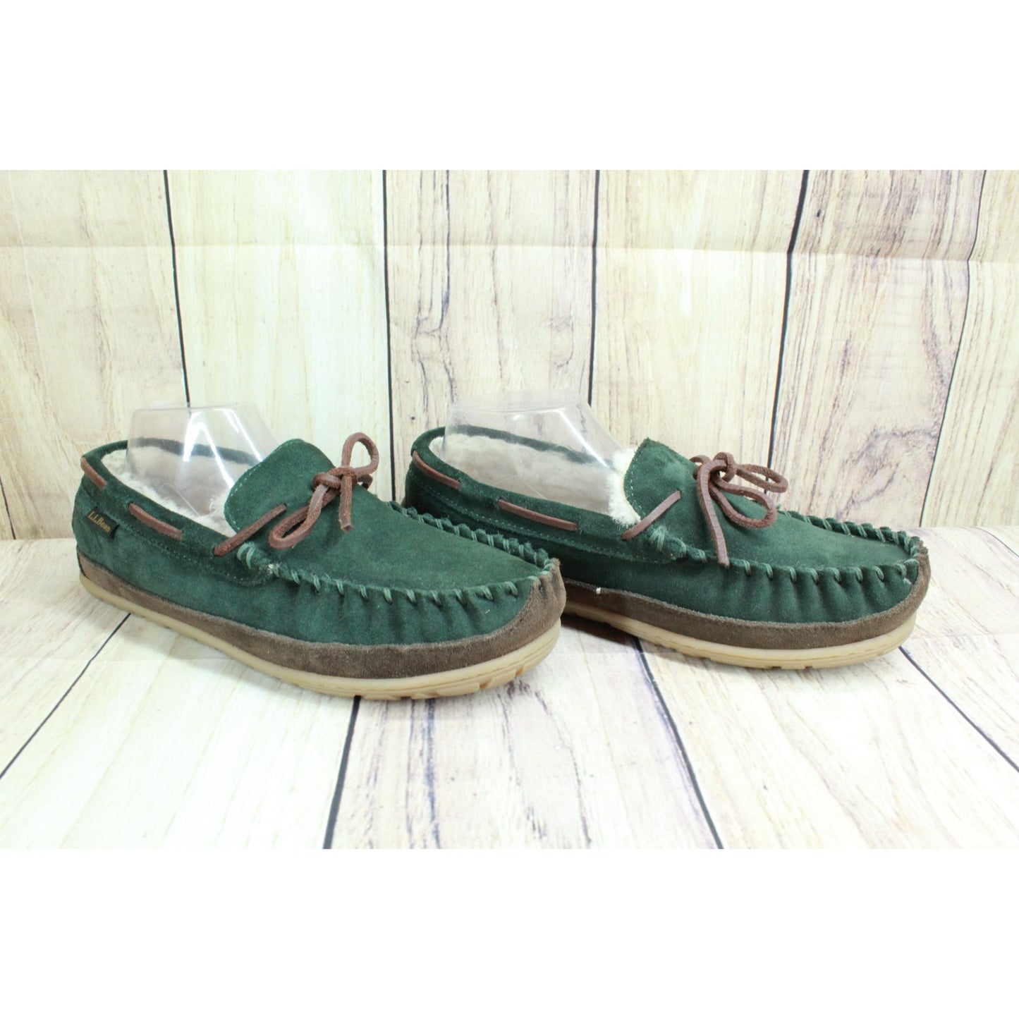 LL Bean Men's Green Suede Wicked Good Shearling Lined Moccasin Slippers Size 8 M