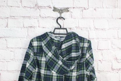 LL Bean Womens Scotch Plaid Flannel Shirt Relaxed Zip Hoodie Cotton Green XS Pet