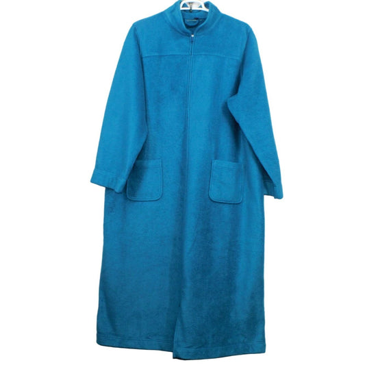 LL Bean Womens Winter Fleece Robe Long Patch Pockets Zip Front Polyester Blue 3X