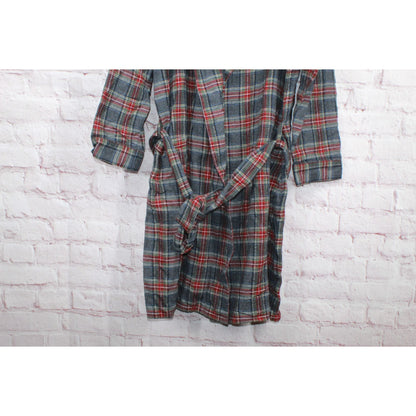 LL Bean Men's Scotch Plaid Flannel Robe Tie Waist Cotton Grey Stewart Size L