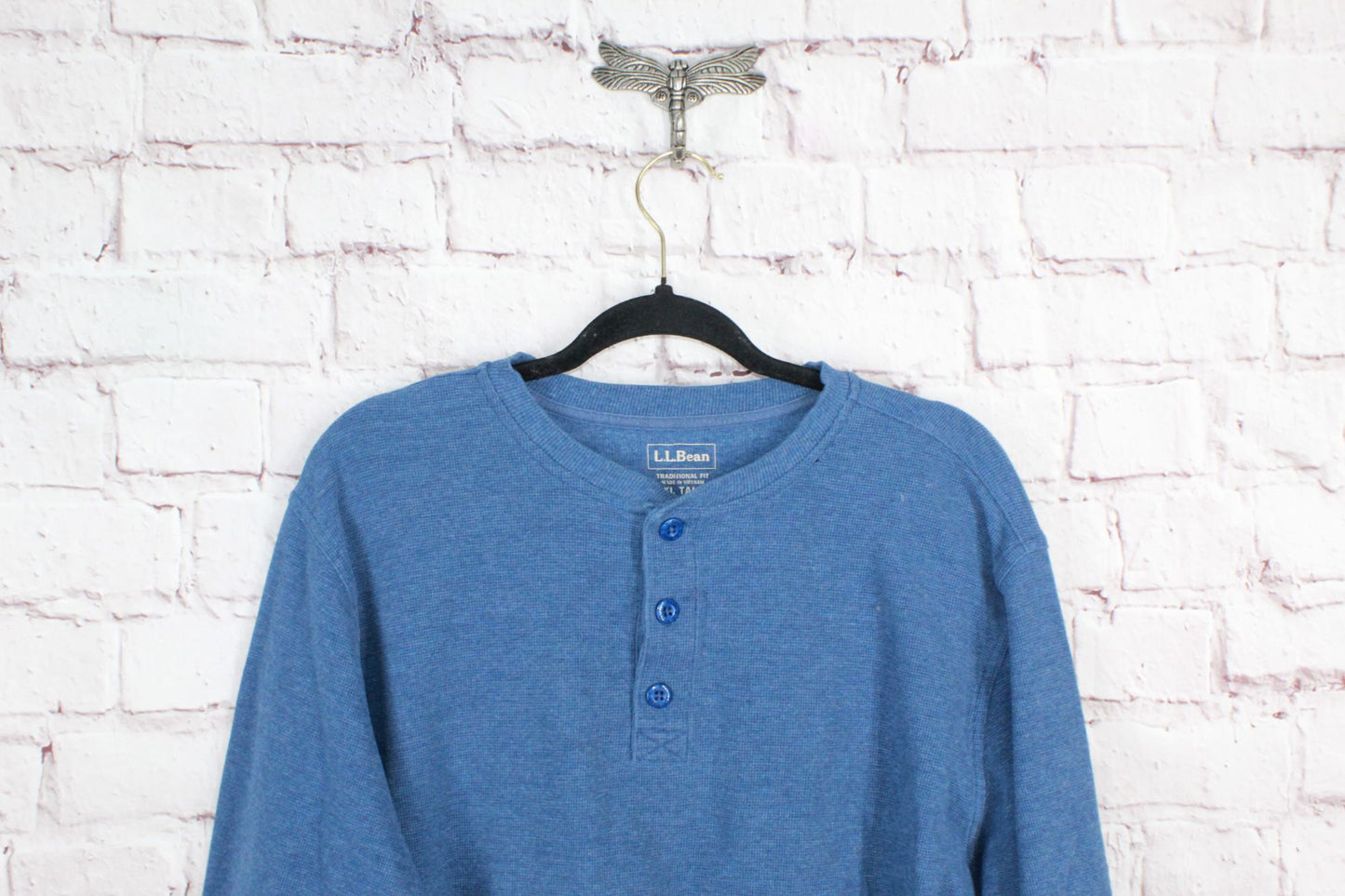 LL Bean Men's Unshrinkable Mini Waffle Henley Long-Sleeve Shirt Blue XL Tall