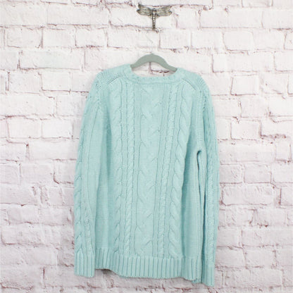 LL Bean Women's Double L Cable Sweater Crewneck Cotton Mist Blue Size M