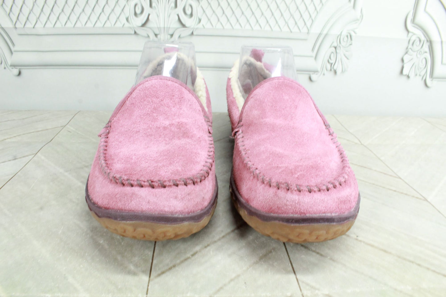 LL Bean Women's Pink Suede Fleece Lined Mountain Moccasin Slippers Size 8 M