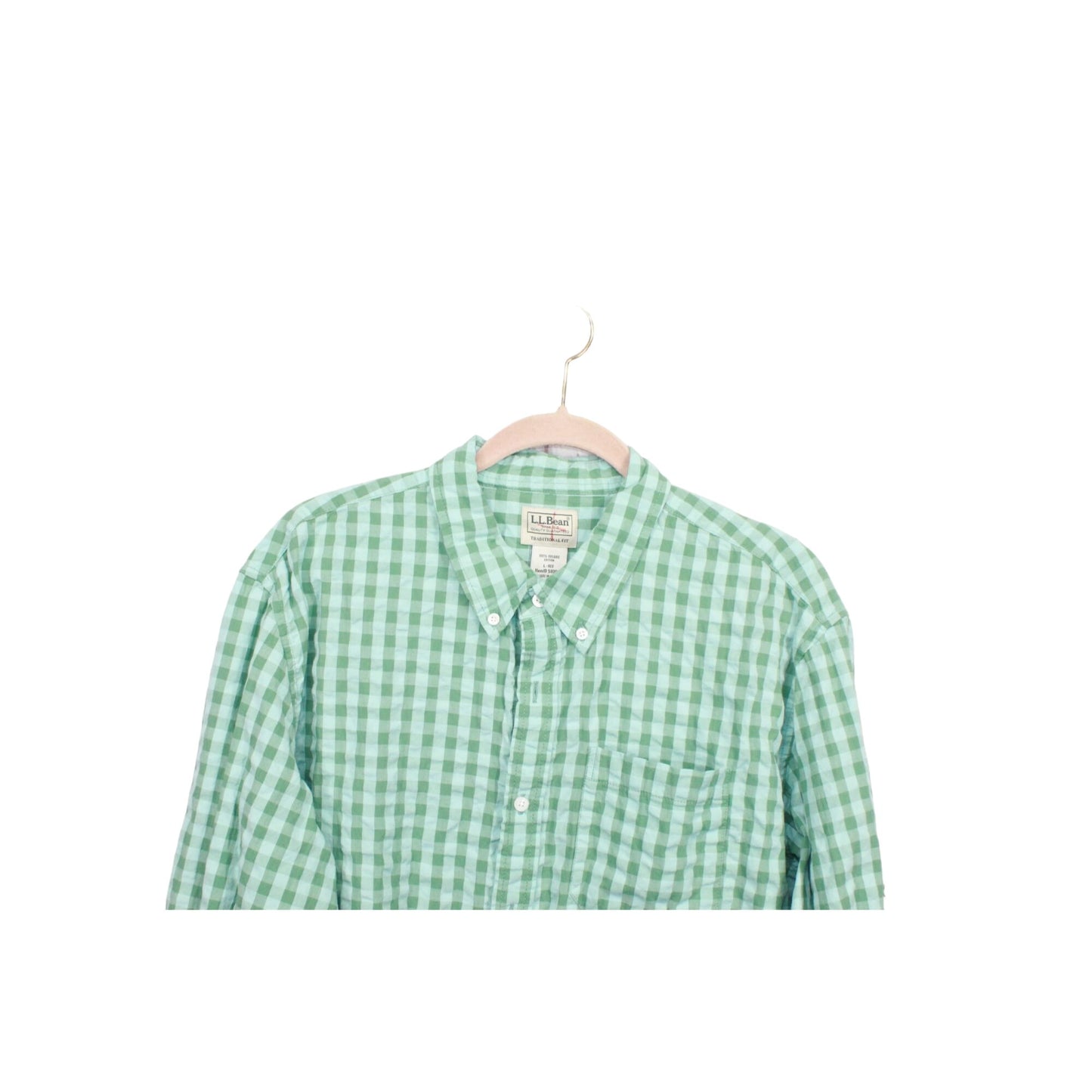 LL Bean Men's Organic Cotton Seersucker Shirt Long Sleeve Plaid Green Size L