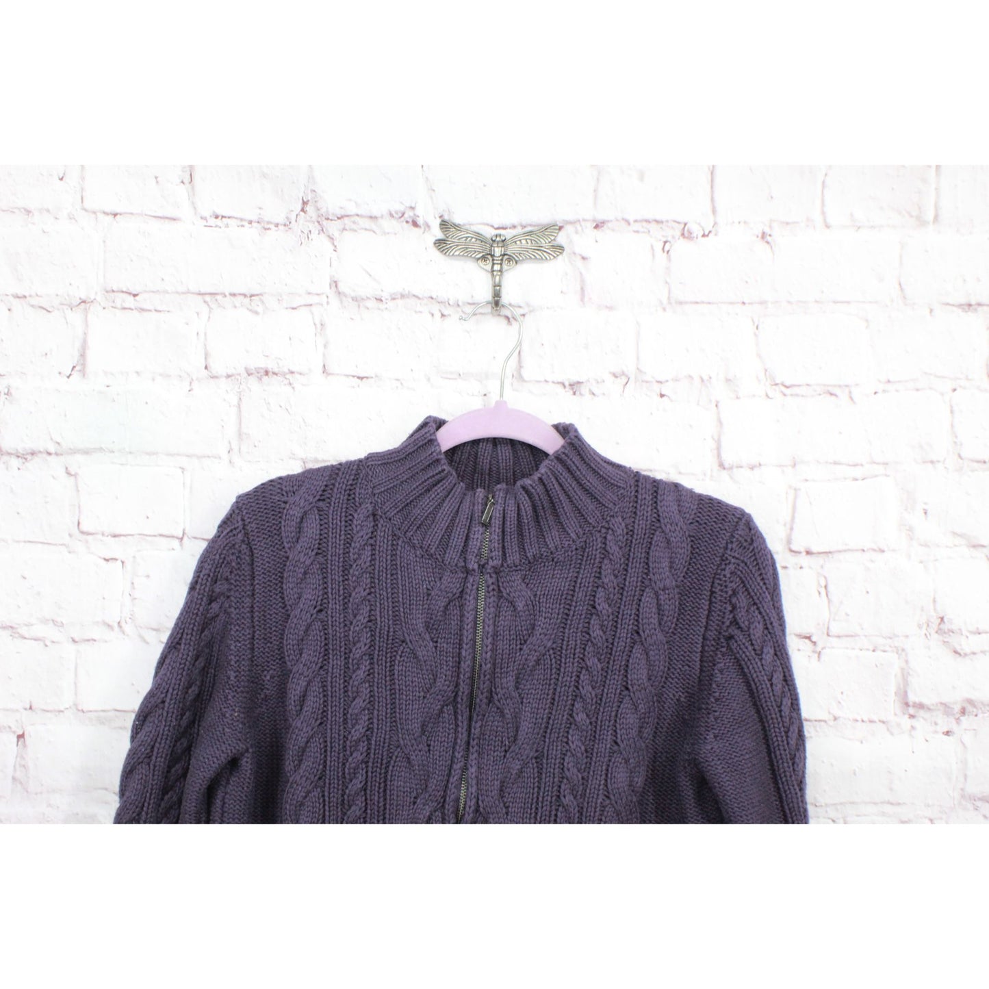 LL Bean Women's Double L Cable Sweater Zip Cardigan Cotton Dark Purple XL