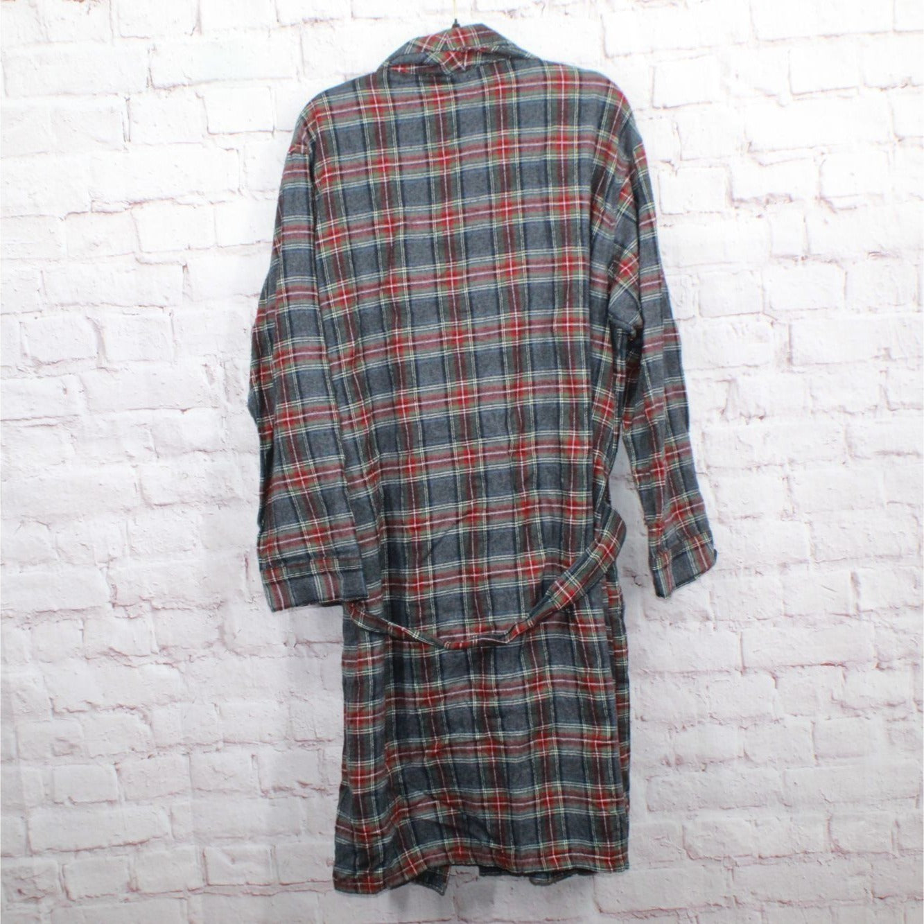 LL Bean Men's Scotch Plaid Flannel Robe Tie Waist Cotton Grey Stewart Size L