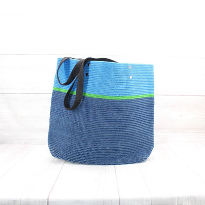 Aruna Blue Green Navy Striped Straw Studded Lined Handmade Tote Bag