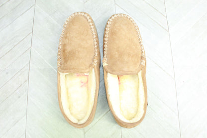 LL Bean Mens Brown Suede Wicked Good Shearling Lined Moccasin Slipper Scuffs 9 M