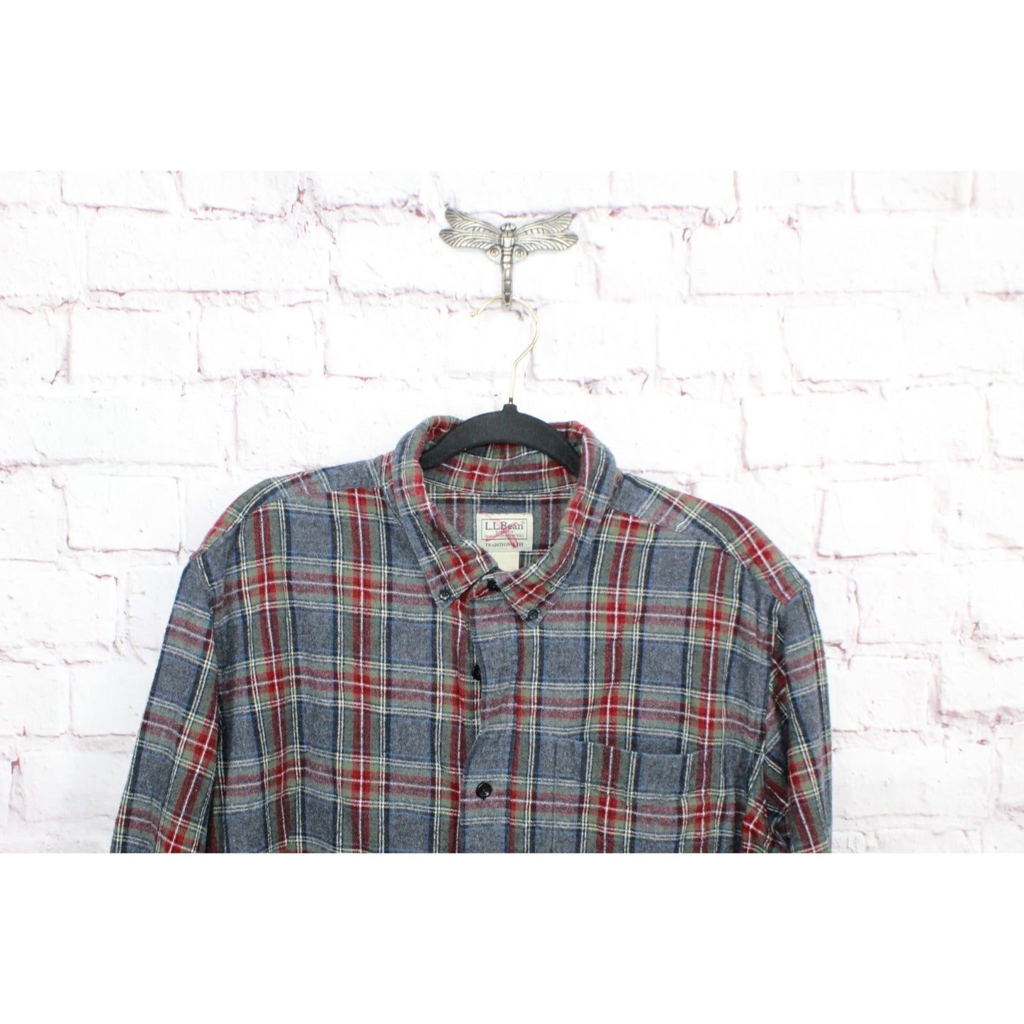 LL Bean Men's Scotch Plaid Flannel Shirt Traditional Fit Cotton Gray Red Size XL