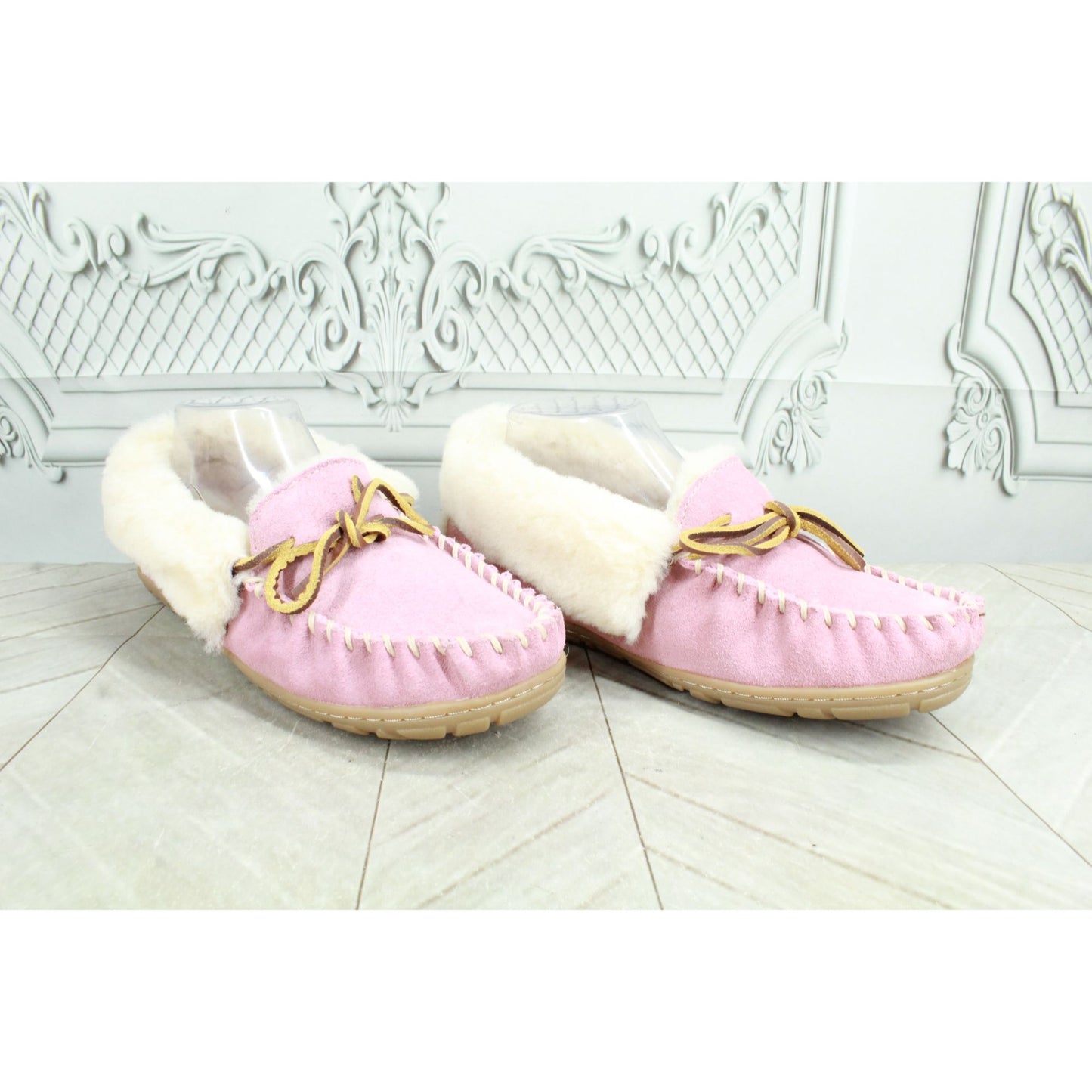 LL Bean Womens Pink Suede Wicked Good Shearling Lined Moccasin Slippers Size 8 M