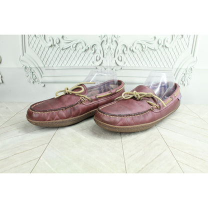 LL Bean Women's Purple Leather Slip On Plaid Lined Moccasin Slippers Size 9 M