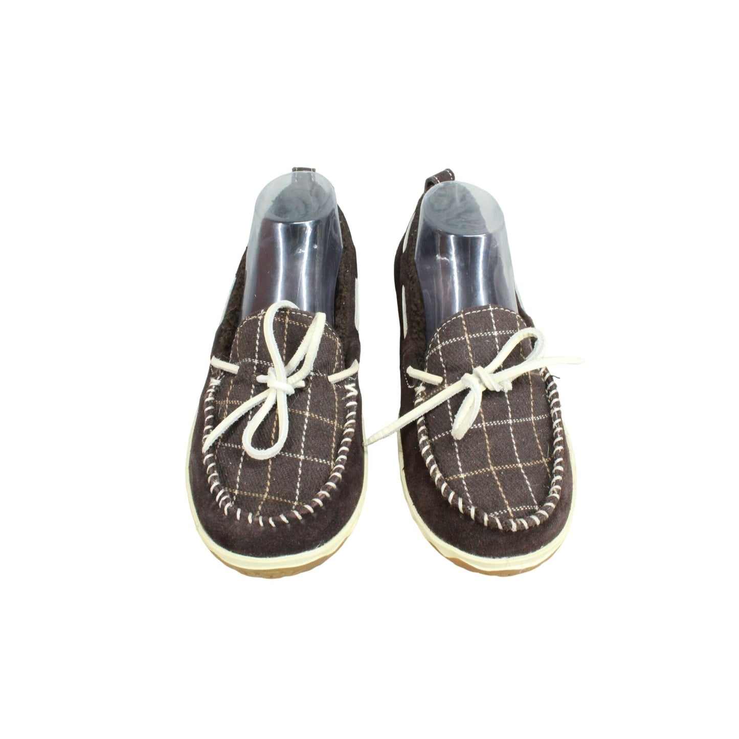 LL Bean One-Eye Women's Brown Suede Plaid Mountain Moccasin Slippers Size 9 M