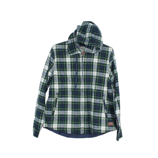 LL Bean Womens Scotch Plaid Flannel Shirt Relaxed Zip Hoodie Cotton Green XS Pet