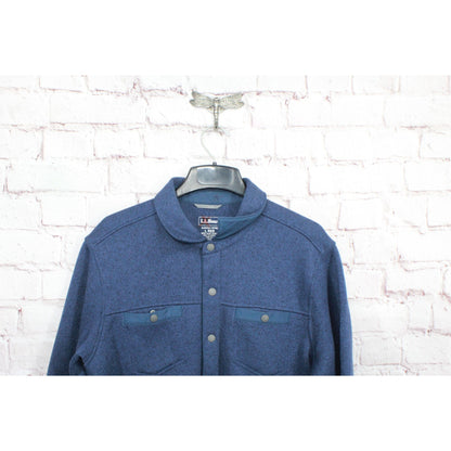 LL Bean Mens Beans Sweater Fleece Shirt Jacket Snap Placket Polyester Blue Large