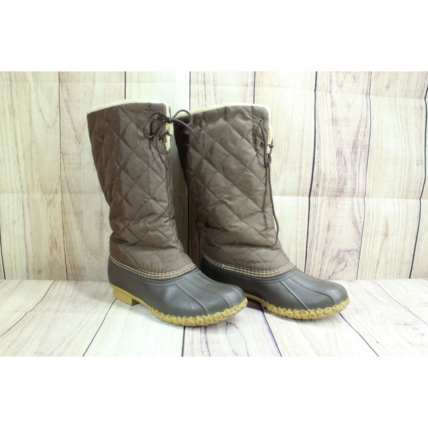 LL Bean Signature Womens Brown Nylon Quilted Shearling Lined Duck Boots Size 9 M