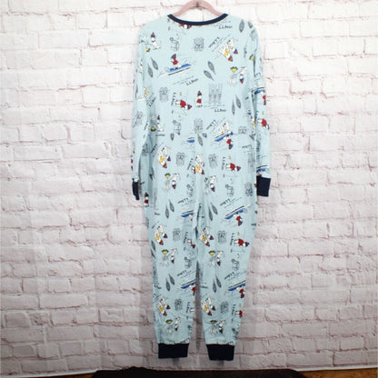 LL Bean Women's Blue Mini Waffle One Piece Unionsuit Cotton Pajama Size XL Pet