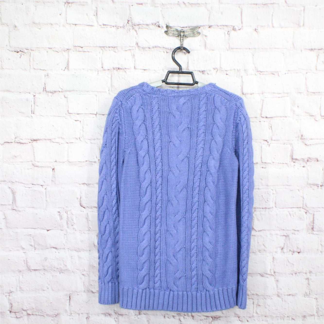 LL Bean Women's Double L Mixed Cable Sweater Crewneck Cotton Larkspur Size M