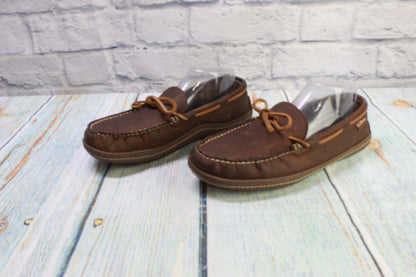 LL Bean Men's Brown Leather Flannel-Lined Handsewn Moccasin Slippers Size 7 M