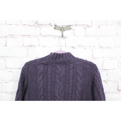 LL Bean Women's Double L Cable Sweater Zip Cardigan Cotton Dark Purple XL