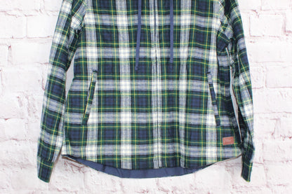 LL Bean Womens Scotch Plaid Flannel Shirt Relaxed Zip Hoodie Cotton Green XS Pet