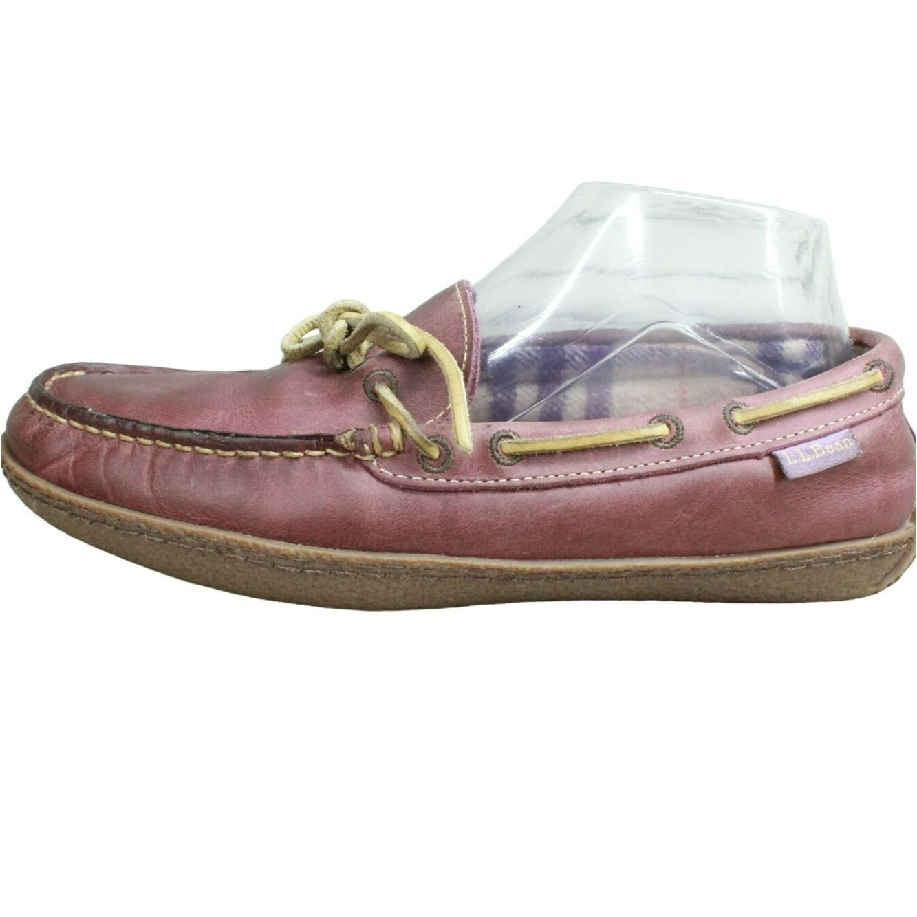 LL Bean Women's Purple Leather Slip On Plaid Lined Moccasin Slippers Size 9 M