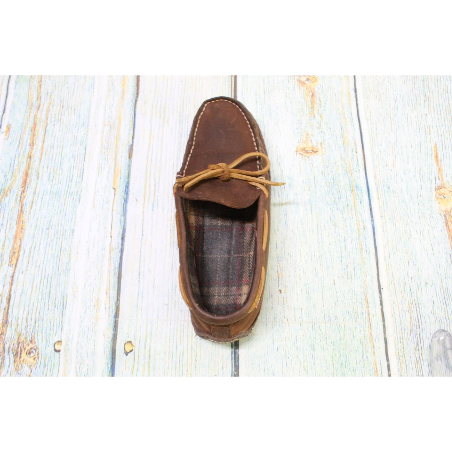 LL Bean Men's Brown Leather Slip On Flannel Lined Handsewn Slippers Size 7 M