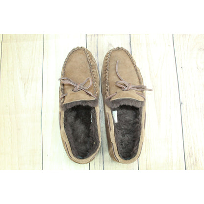 LL Bean Mens Brown Suede Wicked Good Shearling Lined Moccasin Slippers Size 11 M