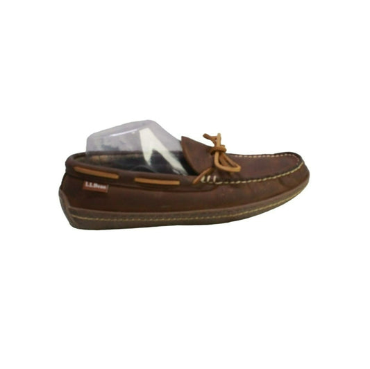 LL Bean Men's Brown Leather Flannel-Lined Handsewn Moccasin Slippers Size 7 M