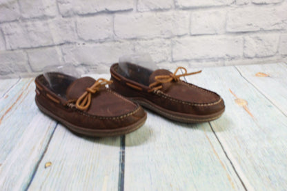 LL Bean Men's Brown Leather Flannel-Lined Handsewn Moccasin Slippers Size 7 M