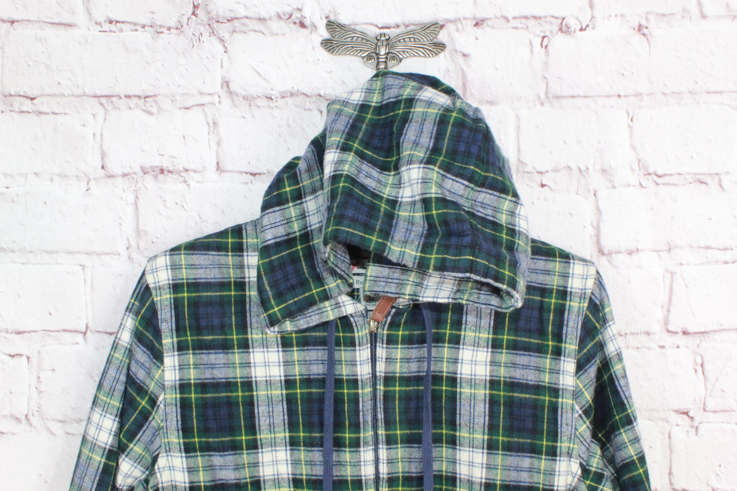 LL Bean Womens Scotch Plaid Flannel Shirt Relaxed Zip Hoodie Cotton Green XS Pet