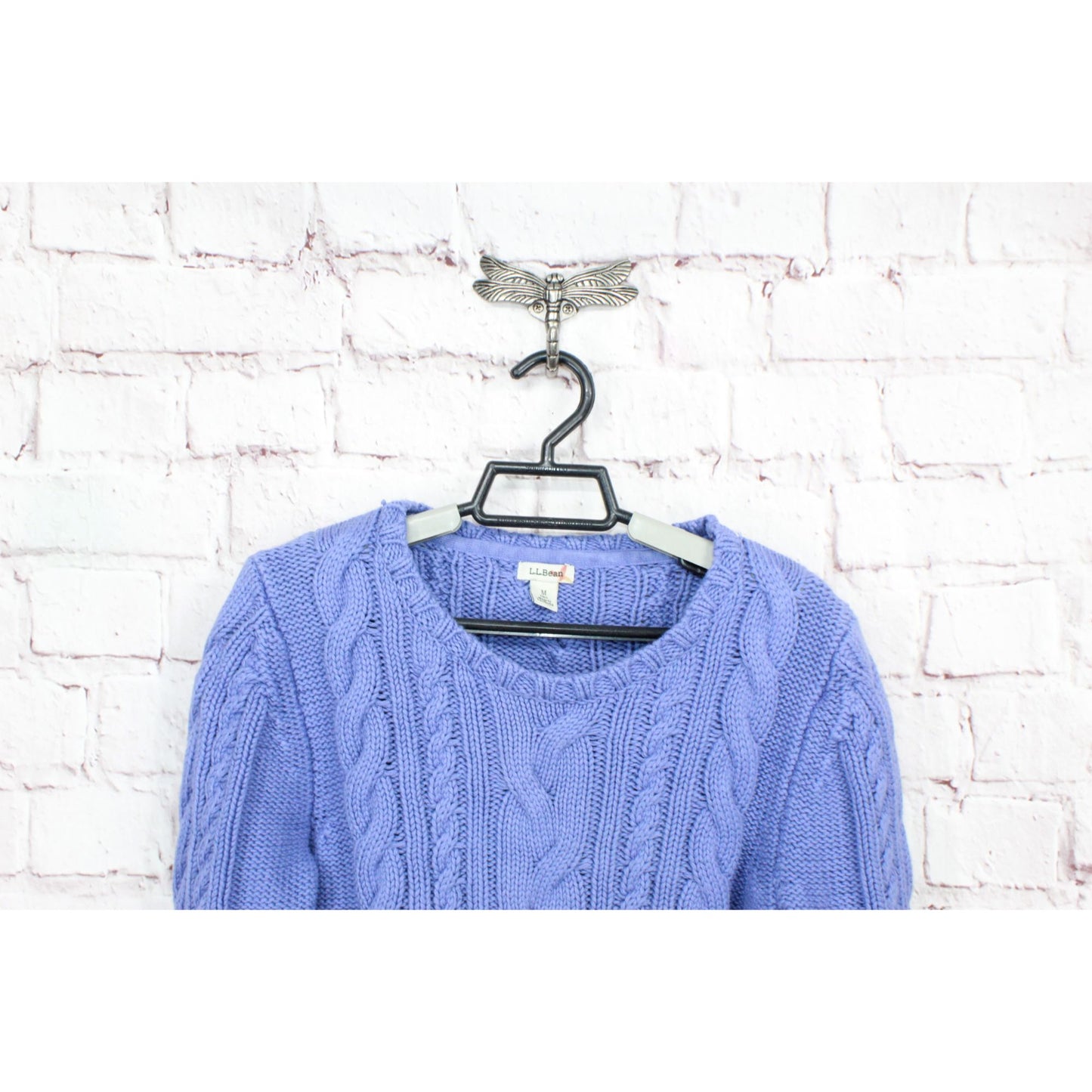 LL Bean Women's Double L Mixed Cable Sweater Crewneck Cotton Larkspur Size M