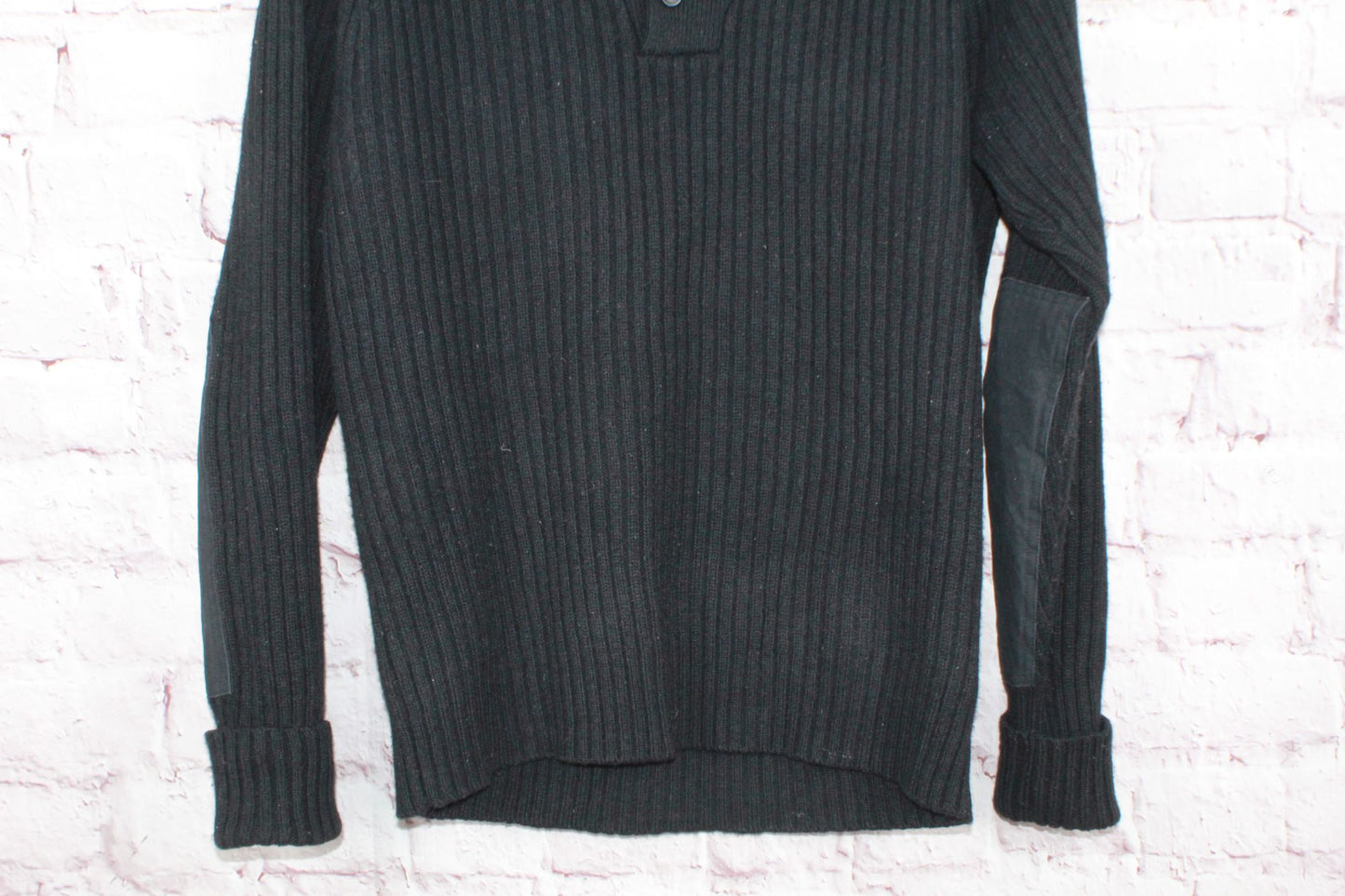 LL Bean Men's Commando Sweater Henley Elbow Patches Merino Wool Black Size M