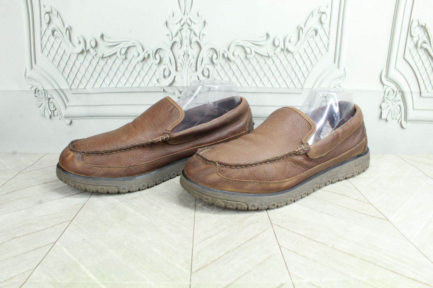 LL Bean All Week Men's Brown Leather Shearling Lined Moccasin Slippers Size 11 M