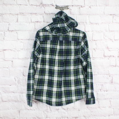 LL Bean Womens Scotch Plaid Flannel Shirt Relaxed Zip Hoodie Cotton Green XS Pet