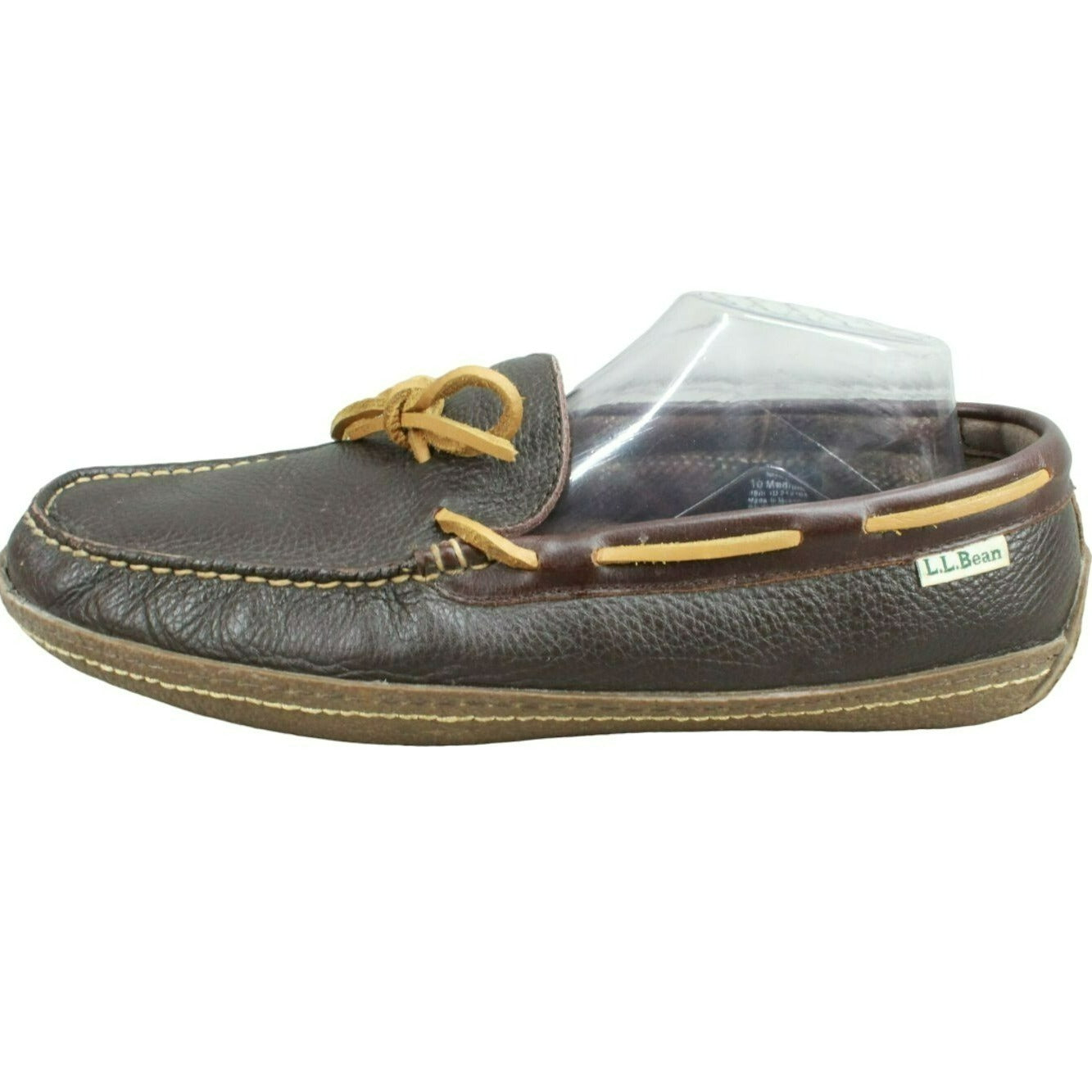 LL Bean Men's Brown Leather Flannel Lined Handsewn Moccasin Boat Shoes Size 10 M