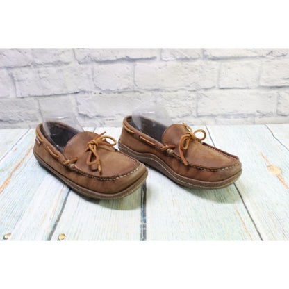 LL Bean Men's Brown Leather Plaid Lined Handsewn Moccasin Slippers Size 7 M