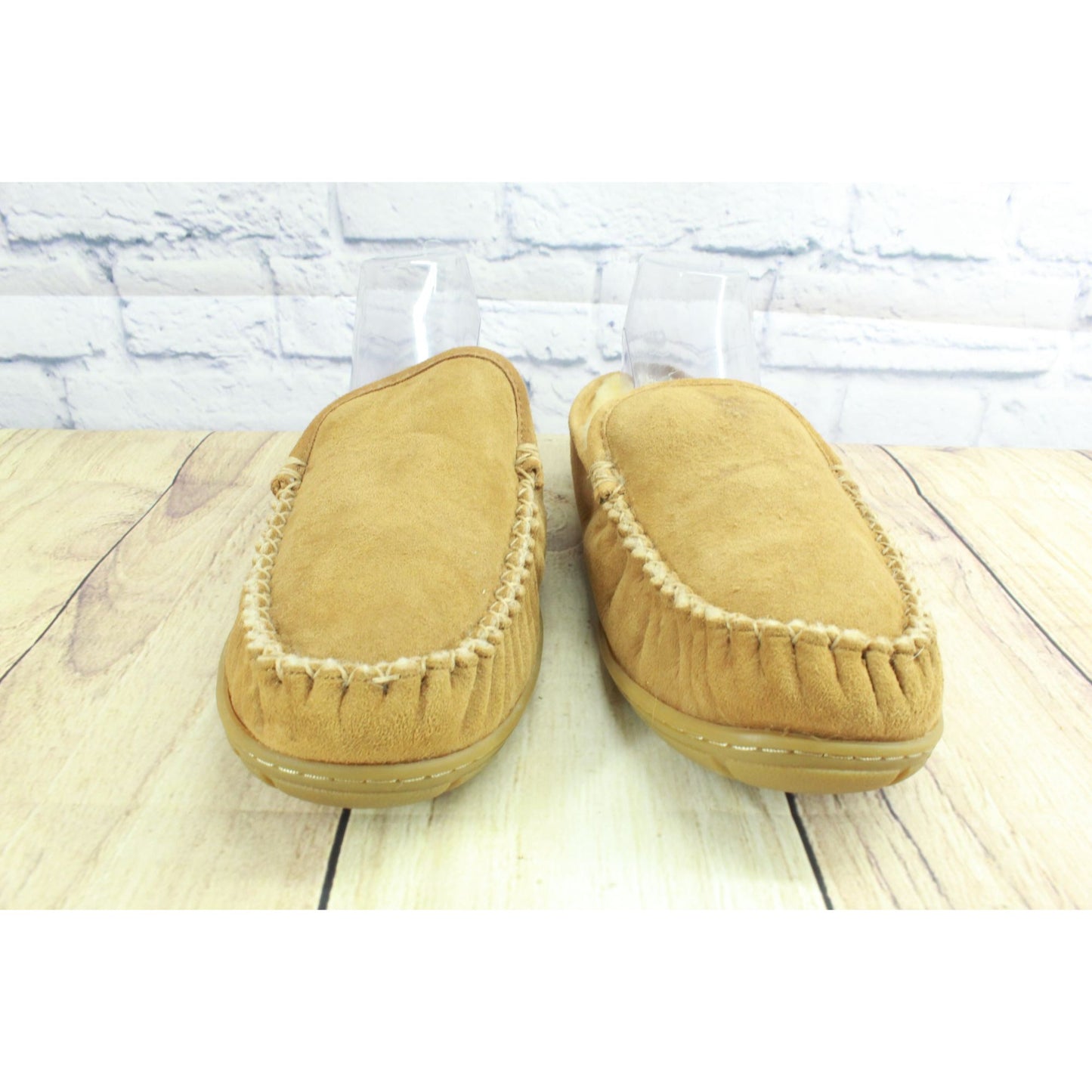 LL Bean Mens Brown Suede Wicked Good Shearling Lined Moccasin Slipper Scuff 10 M