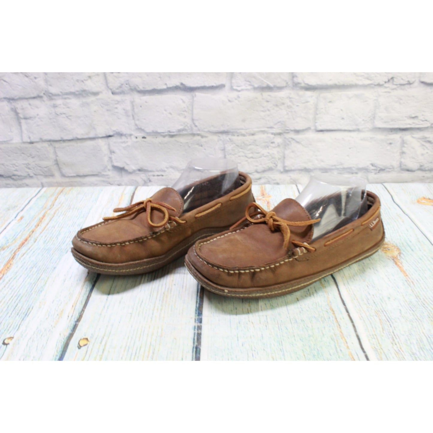 LL Bean Men's Brown Leather Plaid Lined Handsewn Moccasin Slippers Size 7 M