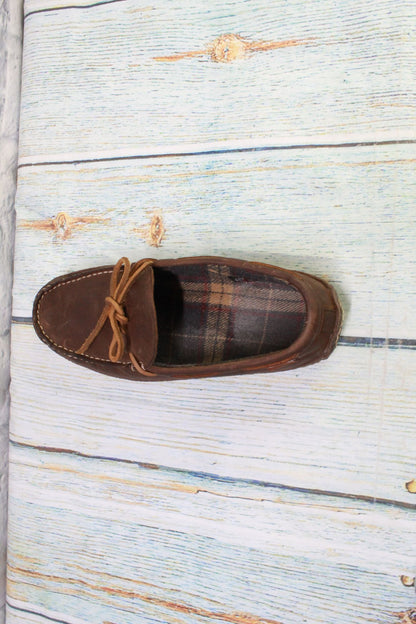 LL Bean Men's Brown Leather Flannel-Lined Handsewn Moccasin Slippers Size 7 M