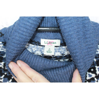 LL Bean Women's Cotton Cashmere Pullover Sweater Turtleneck Fair Isle Blue Small