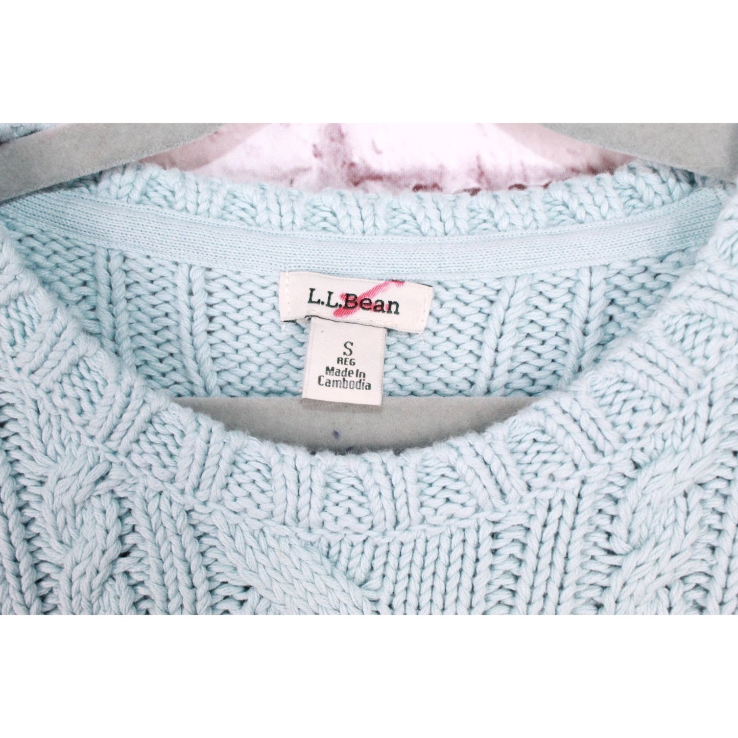 LL Bean Women's Double L Cable Sweater Crewneck Cotton Mist Blue Size Small