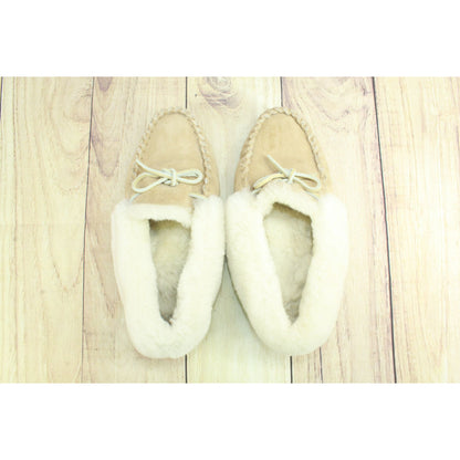 LL Bean Mens Cream Suede Wicked Good Shearling Lined Moccasin Slippers Size 10 M