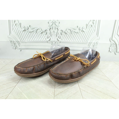 LL Bean Men's Brown Leather Slip On Flannel-Lined Handsewn Slippers Size 12 M