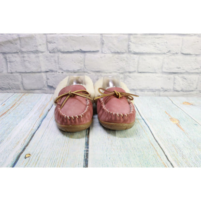 LL Bean Womens Pink Suede Wicked Good Shearling Lined Moccasin Slippers Size 8 M