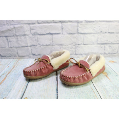 LL Bean Womens Pink Suede Wicked Good Shearling Lined Moccasin Slippers Size 8 M